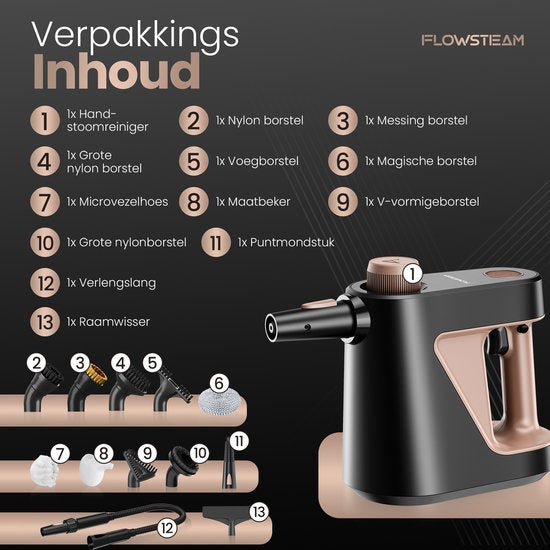 Nettoyeur vapeur à main FLOWSTEAM® Compact 12-en-1 - 4 bars et 110 °C - Nettoyeur vapeur – Détachant - Nettoyeur vapeur à main - Pour la salle de bains, la cuisine, les canapés et les meubles