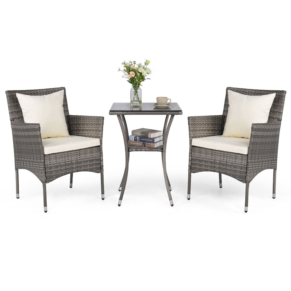 Ensemble de jardin Coast 3 pièces - 2 chaises de jardin en rotin avec coussins - table d'appoint en verre trempé - mélange de gris