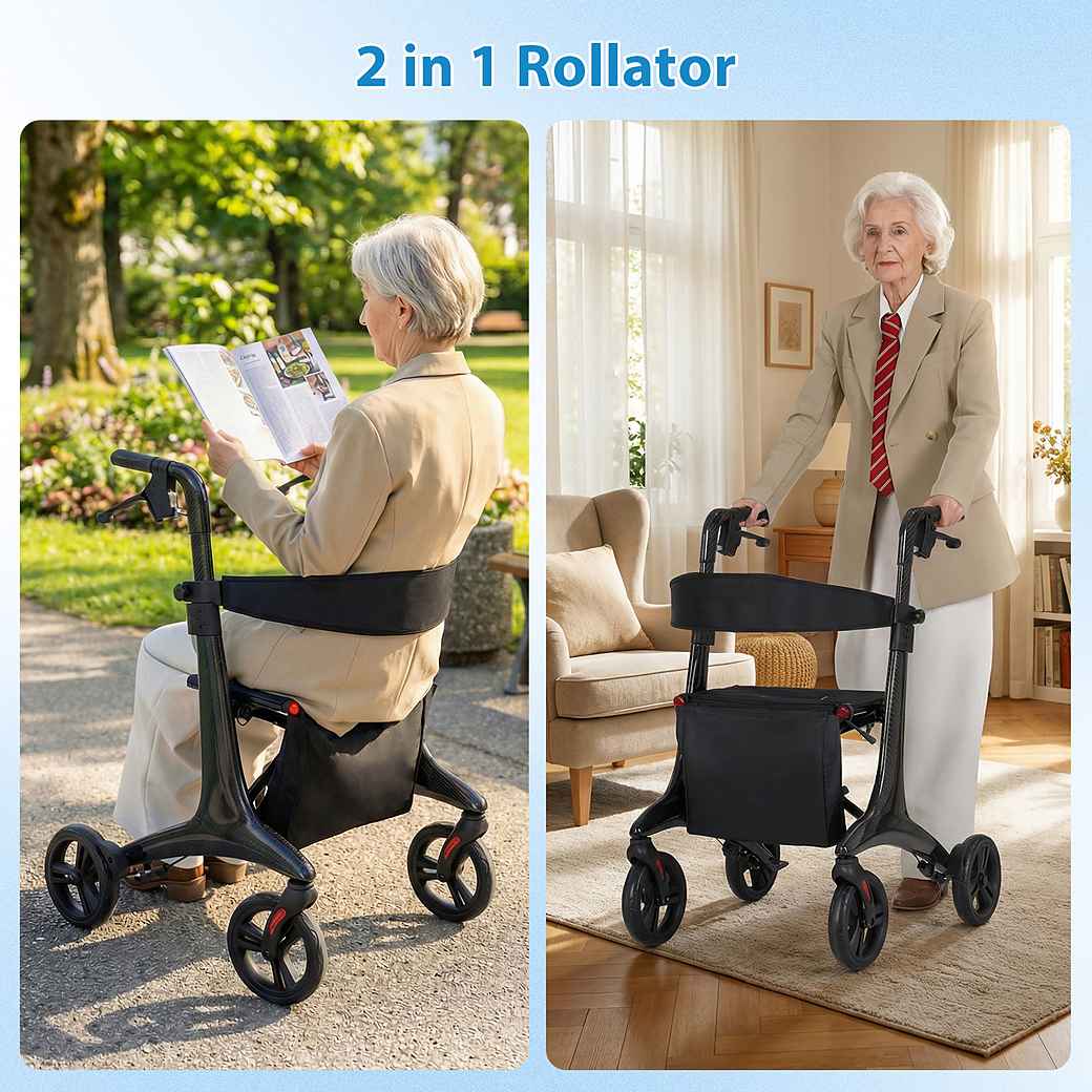 Coast Foldable Rollator Black - Aide à la marche ultralégère en carbone avec siège - 78 x 62 x 86-99 cm