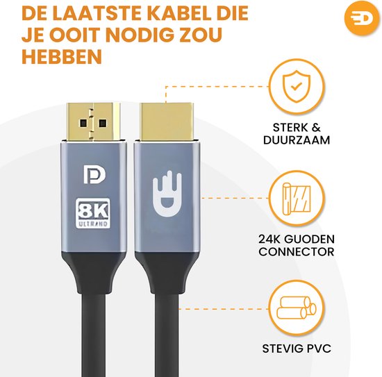 Drivv. Câble Displayport - 8K 60Hz - 4K 144 Hz - 32.4GBps - Displayport 1.4 - Câble DP - PVC - 3 mètres - Gris spatial