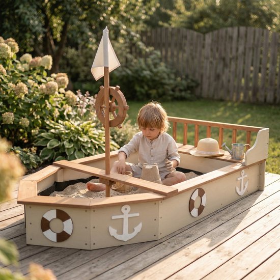 Bac à sable AXI Doris en forme de bateau avec banc de rangement, couleur beige – Drapeau et barre en bois – Bâche de protection et toile de sol incluses – Garantie de 10 ans !