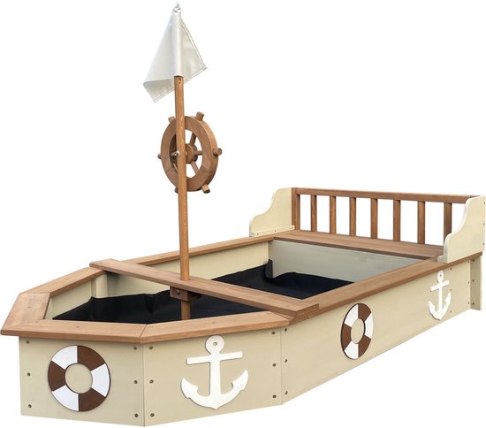 Bac à sable AXI Doris en forme de bateau avec banc de rangement, couleur beige – Drapeau et barre en bois – Bâche de protection et toile de sol incluses – Garantie de 10 ans !
