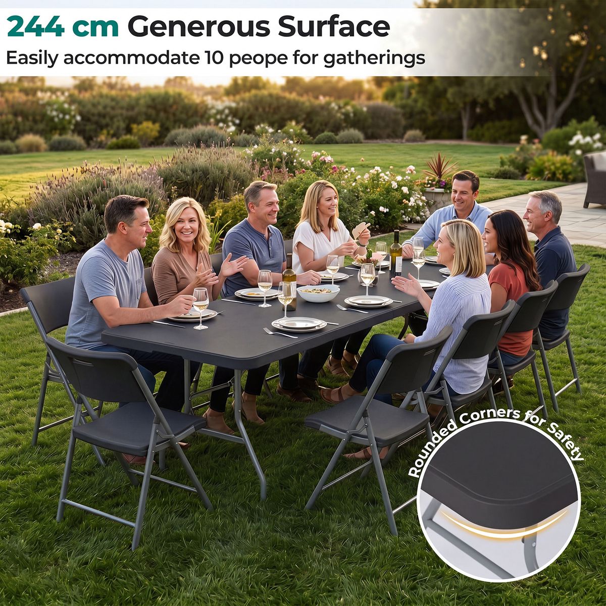Table de jardin pliante Coast - pour 10 personnes - poignée de transport - noire - 244 x 75 cm