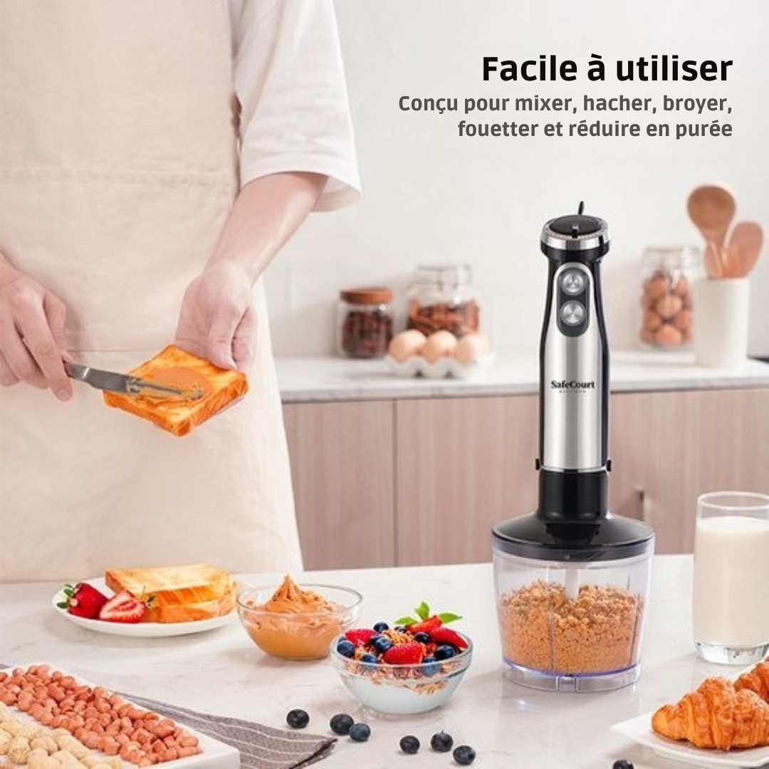 Ensemble de mixeurs à main 6 pièces Safecourt Kitchen - 1000 Watts - Hachoir - 20 vitesses - Comprend un mousseur à lait et une tasse à mesurer