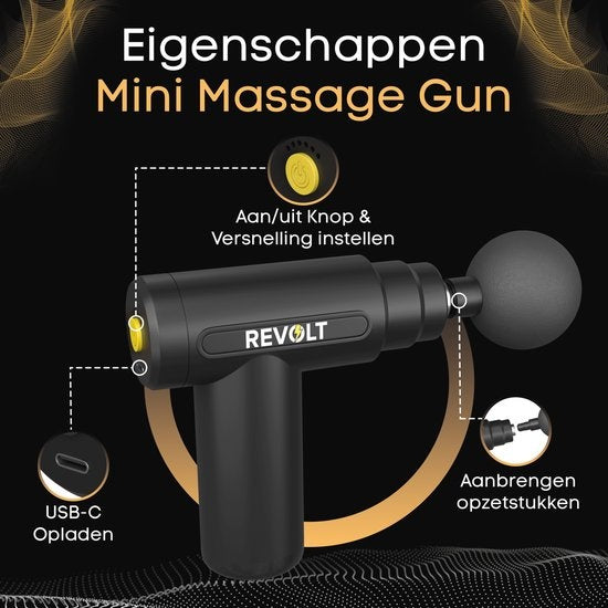 Revolt - Mini pistolet de massage - 5 accessoires inclus - Adaptateur inclus - 6 réglages de vitesse - Récupération et relaxation musculaire