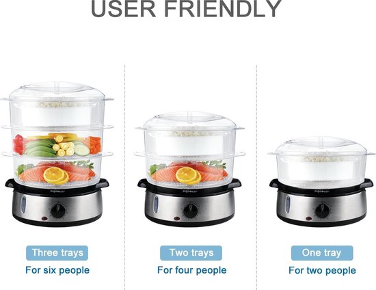 Aigostar Fitfoodie 30INA - Cuiseur vapeur 9 L - avec minuterie - 800 W - 3 niveaux - acier inoxydable