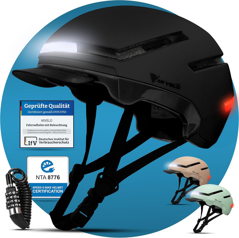 Casque de vélo unisexe Mivelo -  Avec lumière - Certifié NTA jusqu'à 45km/h - Taille L (57-51 cm) - Noir