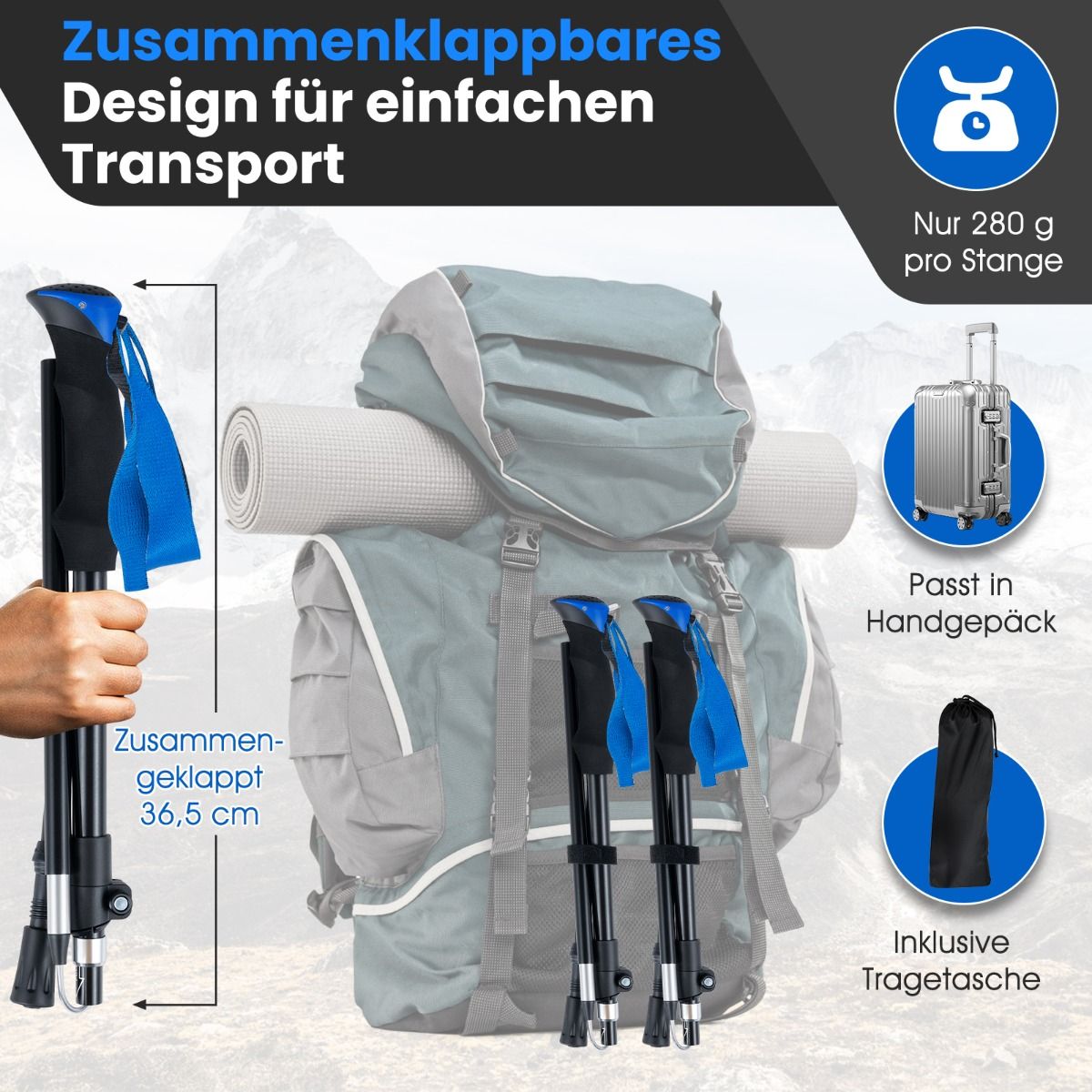 Canne de marche pliable Coast - avec verrouillage rapide - réglable de 166 à 195 cm - bleue