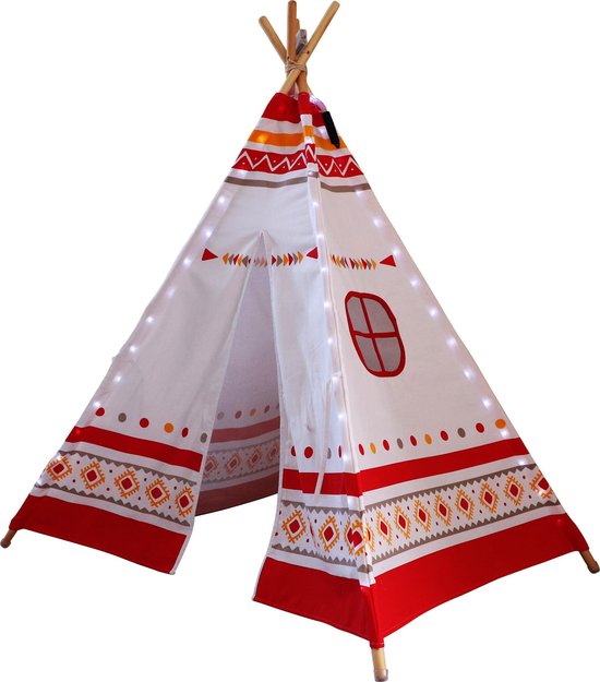 Tente tipi Sunny LED rouge/blanche - 60 LED - piquets en bois certifiés FSC - 120 x 120 x 160 cm