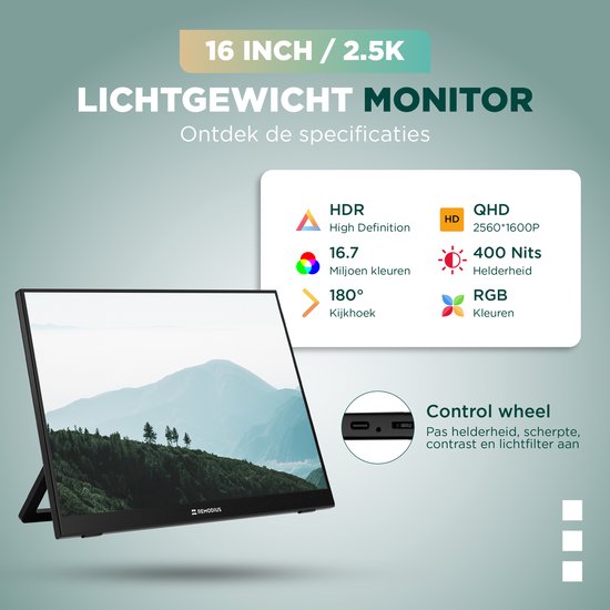 Écran portable Remodius 16 pouces – IPS 2,5K – USB-C et Mini HDMI – 60 Hz
