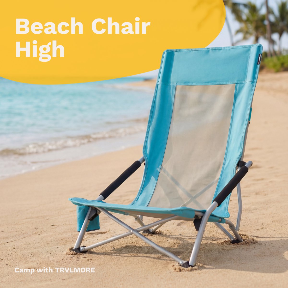 TRVLMORE Chaise de plage - Pliable - 130 kg maximum - Avec porte-gobelet et sac de transport - Dossier haut - Bleu