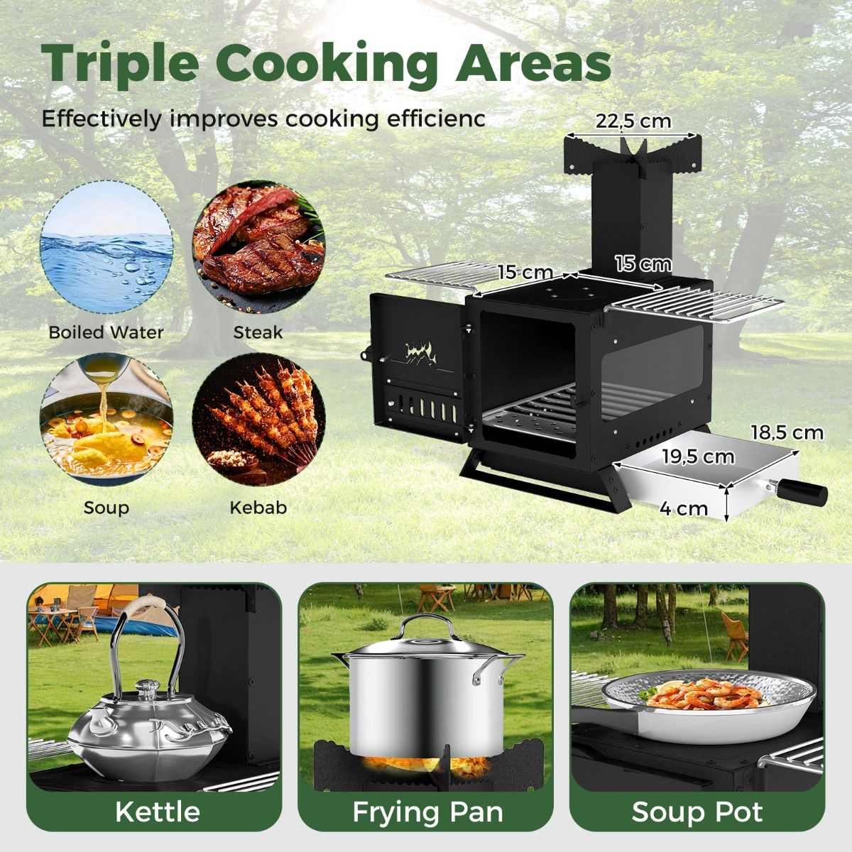 Four de camping Coast - four d'extérieur à bois - avec plat de cuisson et 2 grilles - noir 54 x 36 x 44 cm