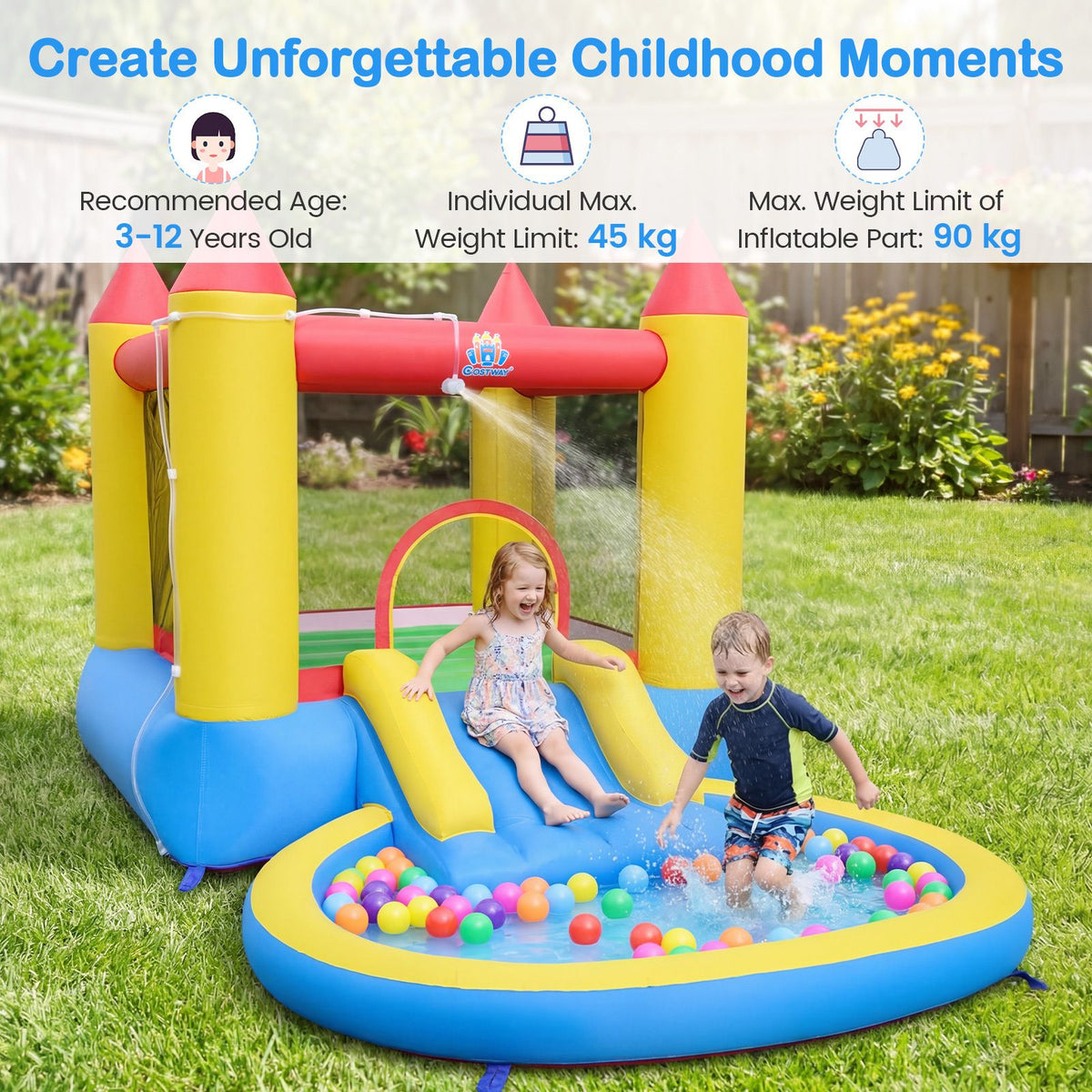 Château gonflable Coast 3-en-1 avec toboggan et piscine à balles - 362 x 196,5 x 193 cm - Multicolore