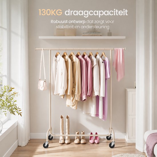 Porte-vêtements O'DADDY® - Porte-vêtements à roulettes - Porte-vêtements en métal - Porte-vêtements - Porte-vêtements - Portemanteau - Tringle à vêtements - Porte-vêtements - Tringle télescopique - Tringle réglable - Stable jusqu'à 130 kg - Beige