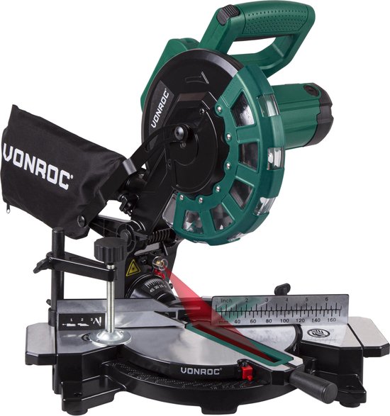 VONROC Tronçonneuse - Scie à onglet - 1700W - Ø216MM - 4900 /min - Avec laser, rallonges de table et réglage de la profondeur - Lame de scie et serre-pièce inclus