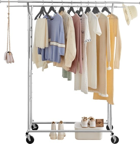 O'DADDY® Clothes Rack - Support de penderie - Double tige - Extensible et ajustable - Design stable - Capacité de charge de 110 kg - Métal - Argent