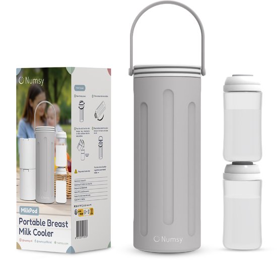 Refroidisseur de lait Numsy pour les déplacements - Refroidisseur de lait maternel portable - Refroidissement pendant 24 heures - Acier inoxydable 750 ml - Sans condensation - Avec 2 biberons de 350 ml sans BPA - Étanche