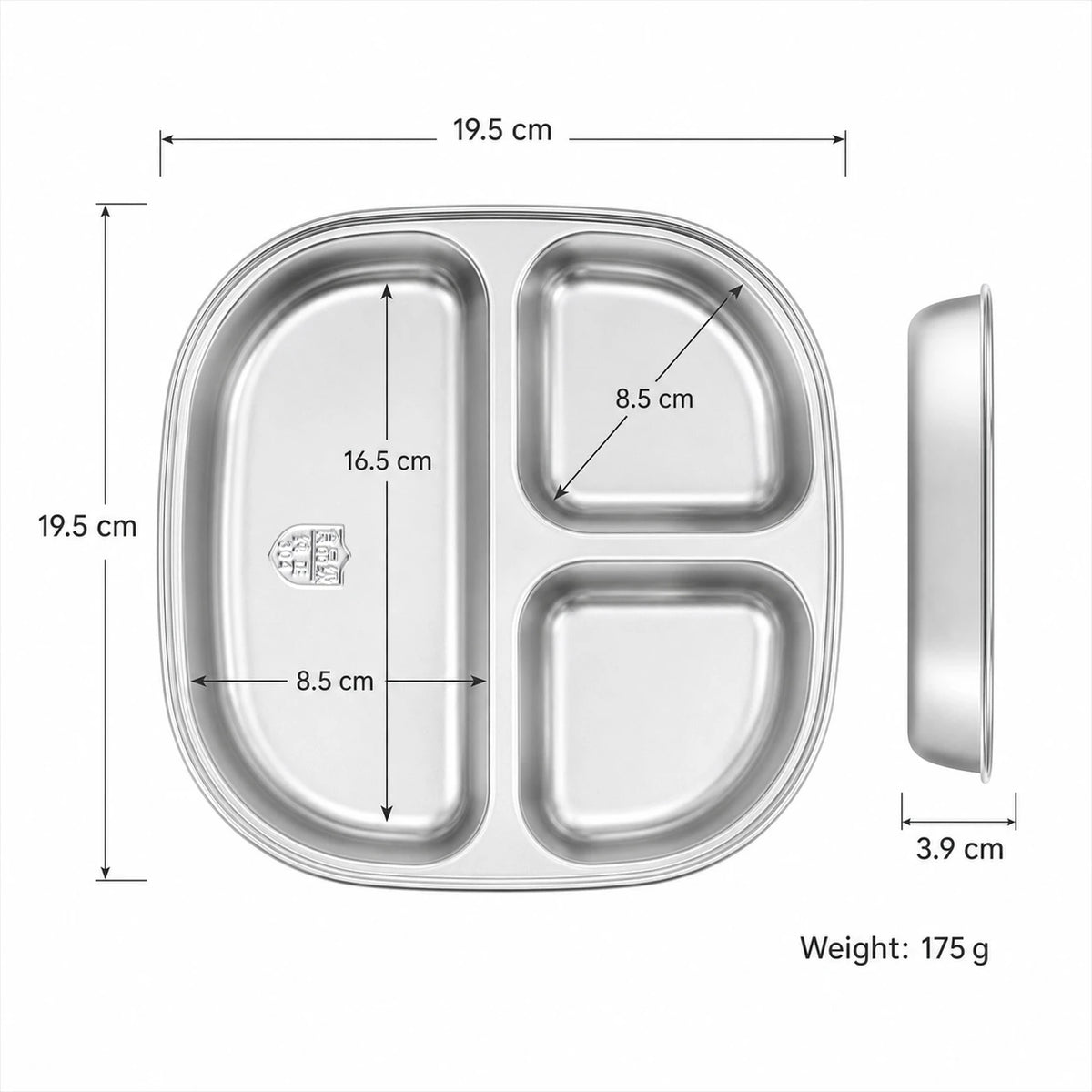 Assiette PURE COOK en acier inoxydable à 3 compartiments - 19,5 x 19,5 x 3,9 cm - Carrée - Acier inoxydable 304