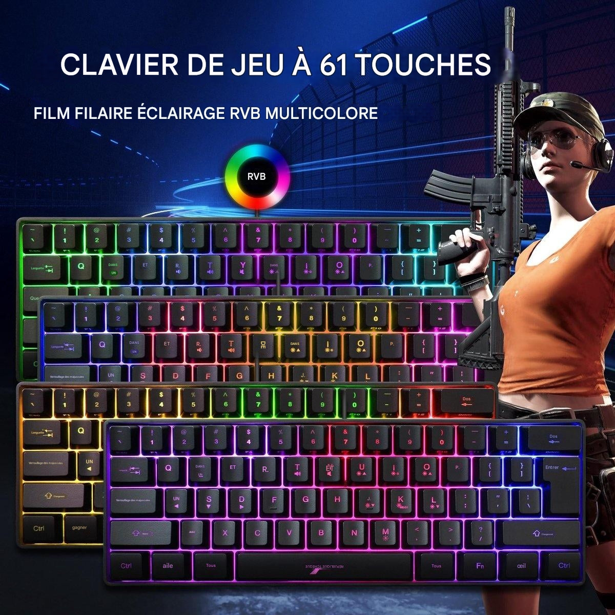 Clavier RGB HXSJ Gaming V700, 61 touches avec agencement Qwerty, LED, Noir