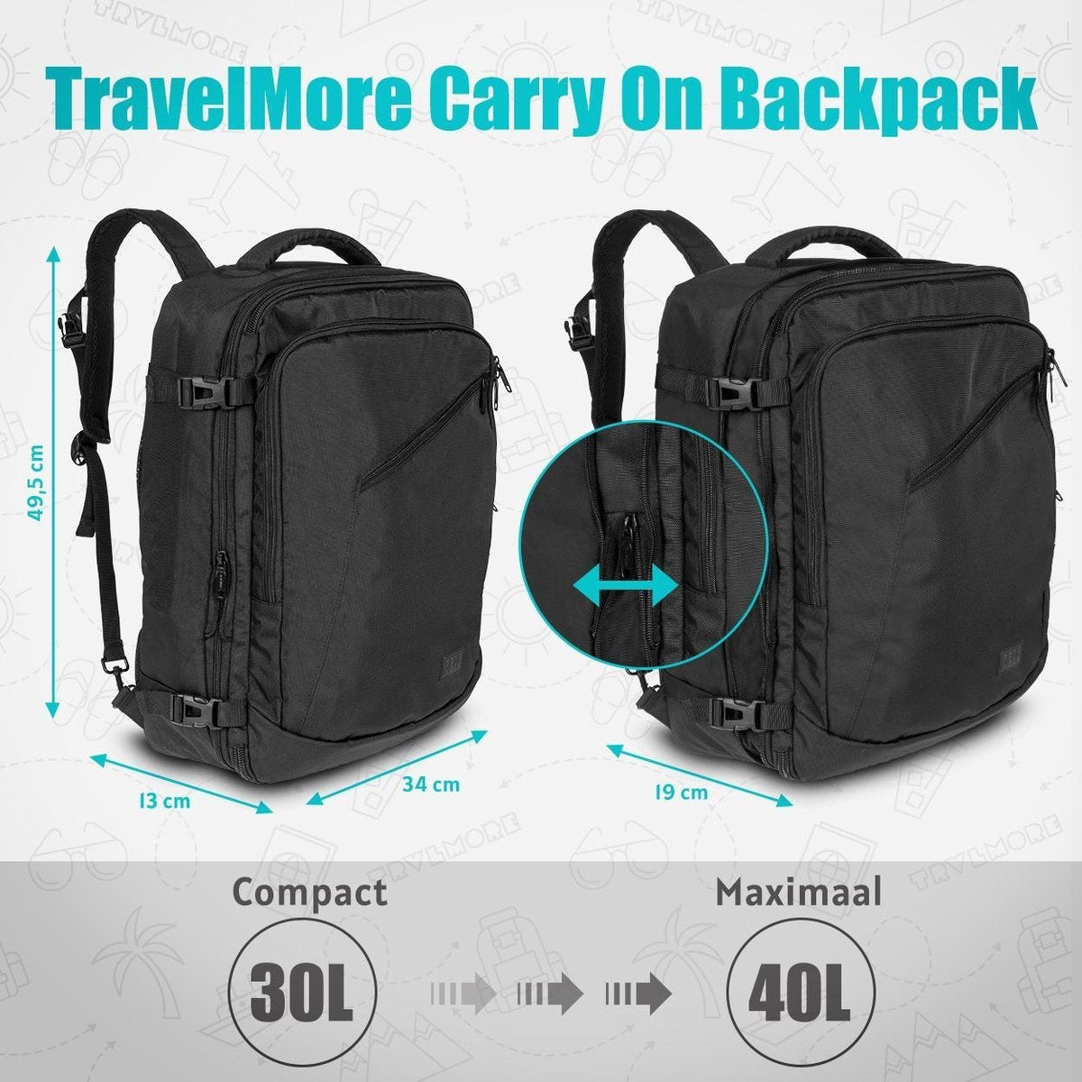 TRVLMORE Travel Bag - 40L - Backpack - Hand Luggage Weekend Bag - Backpack - Splashproof Black