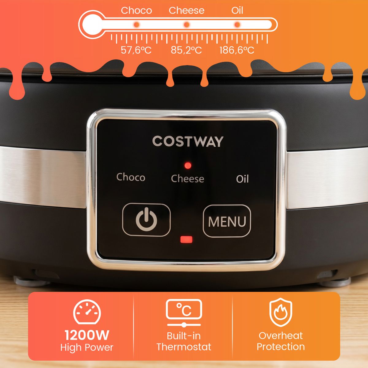 Ensemble à fondue électrique Coast - 1 200 W - Régulateur de température - Cuve amovible en acier inoxydable - Argent et noir