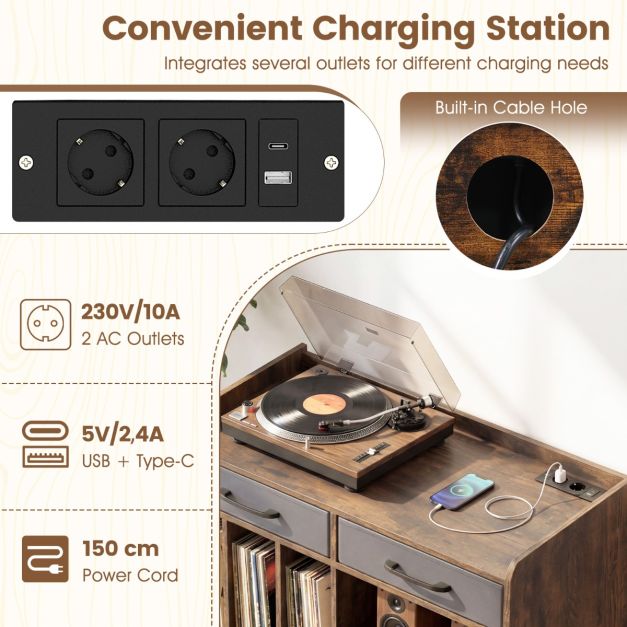 Étagère à disques Coast avec prise électrique, port USB et port Type-C – Table pour platine vinyle avec 3 compartiments à vinyles, 2 tiroirs en tissu et des étagères réglables – 76 × 35,5 × 68,5 cm – Marron