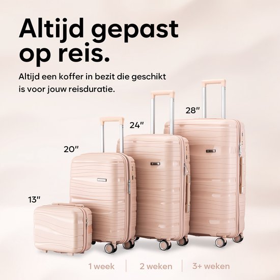 SKYCASES Travelin' Charm 4-Piece Trolley Set - Hand Luggage & Check-in Suitcases - 32L/60L/98L - Number Lock - 360° Noiseless Wheels - Lightweight & Sturdy - Modern Design - Light Pink V2