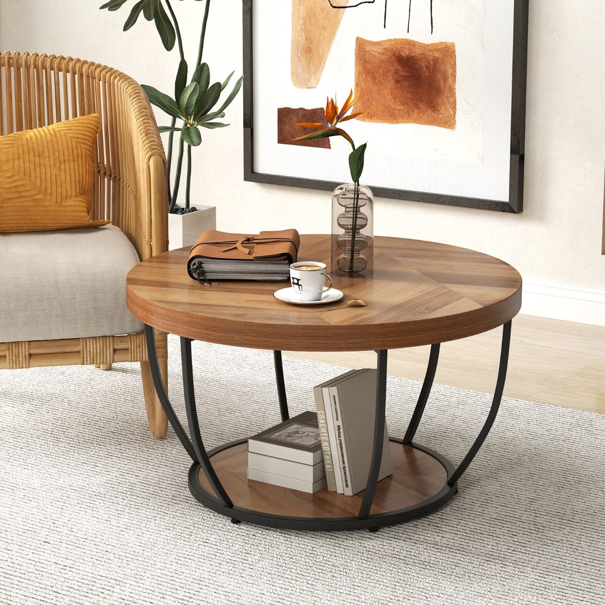 Table basse ronde Coast - 2 niveaux - Structure métallique - Marron - 80 cm