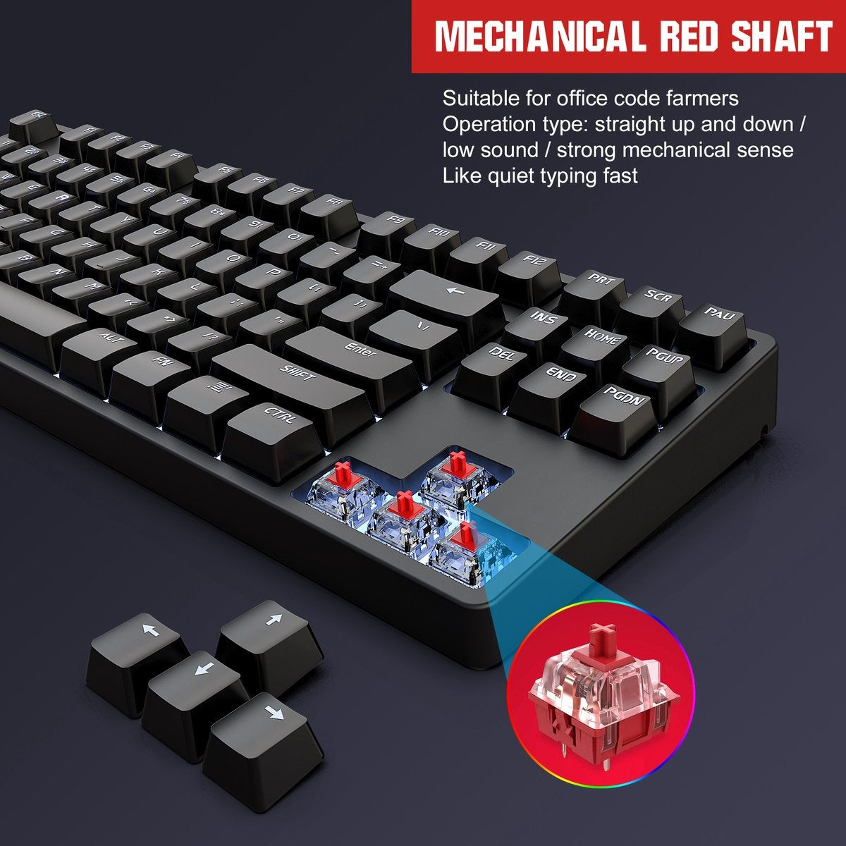 HXSJ L600 Clavier de jeu mécanique filaire - QWERTY - 87 touches - Interrupteur rouge - Noir