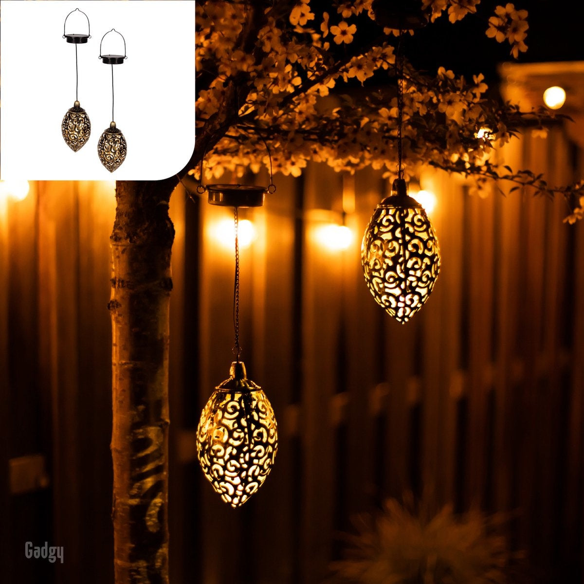 Gadgy Lanterne Orientale Solaire Suspendue 2 pièces - Éclairage de Jardin Solaire à LED - Capteur Jour/Nuit - Lanterne de Jardin - Bronze - Métal