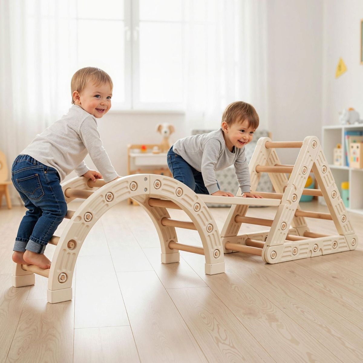 Structure d'escalade Coast Montessori pour enfants - Structure d'escalade en bois 5-en-1 avec arche et échelle double face - beige et café