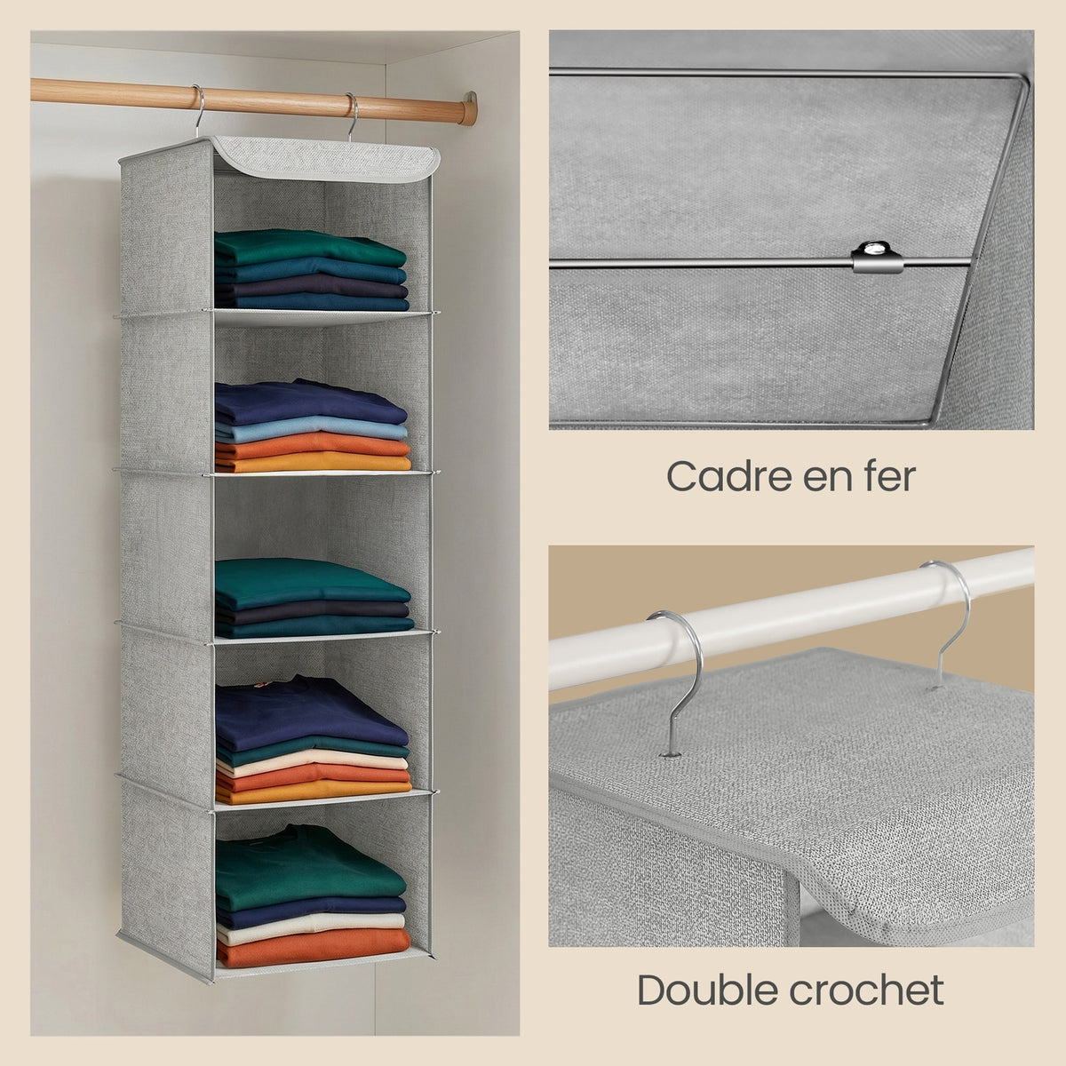 JOYFURNOS Lot de 2 étagères pliables pour armoire - Rangements peu encombrants avec crochets métalliques