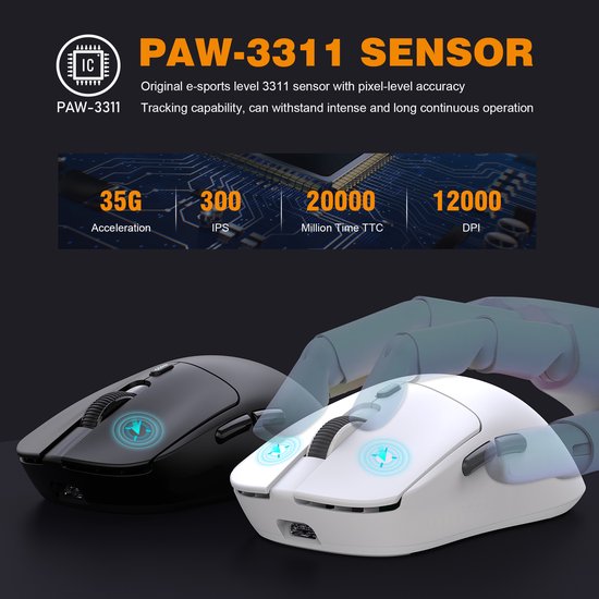 Souris gaming Fuegobird T68 – Ultra-légère (54 g) – Sans fil tri-mode – 12 000 DPI – Rechargeable via USB-C – Ergonomique – Blanche