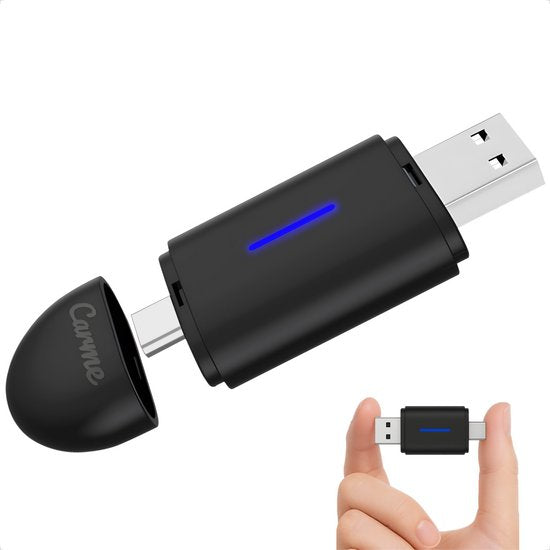 CarMe Mini 2-en-1 pour CarPlay - USB-A et USB-C - CarPlay et Android Auto sans fil - Dongle Android Auto - Noir