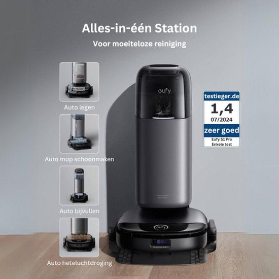 Robot aspirateur Eufy S1 Pro avec station tout-en-un et fonction de lavage - Autonettoyant grâce aux technologies ALWAYS CLEAN MOP™ et Eco Clean Ozon™ - Puissance d'aspiration de 8 000 Pa - Relevage automatique de la serpillière - Détection intelligente d