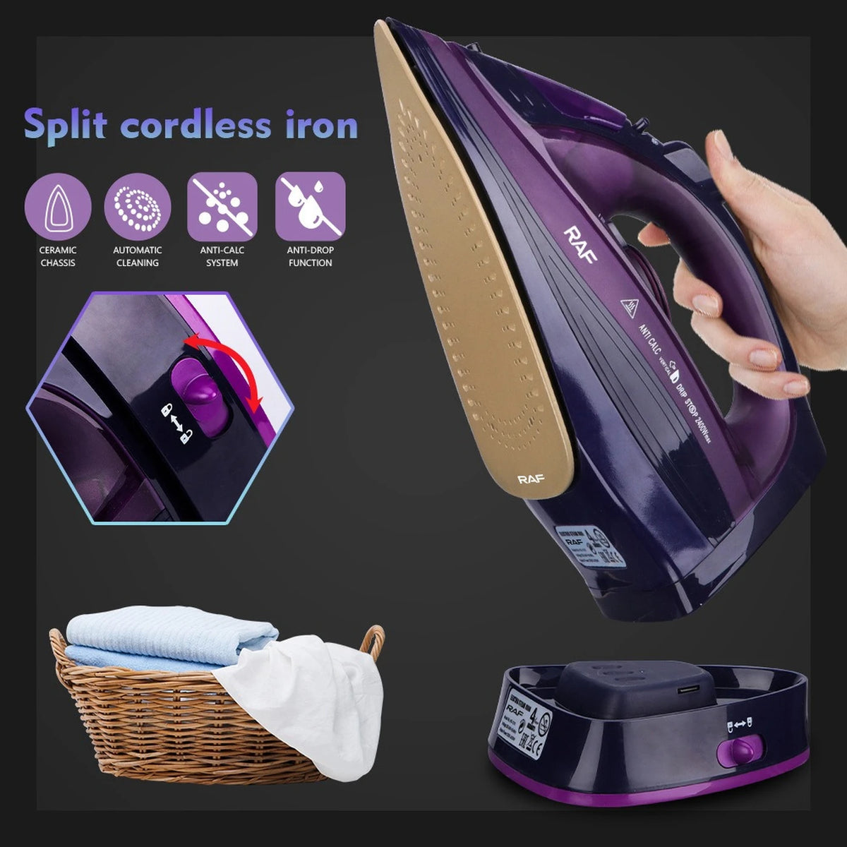 Fer à repasser à vapeur sans fil RAF R.1210B - Violet - 320 ml - Semelle en céramique - Autonettoyant