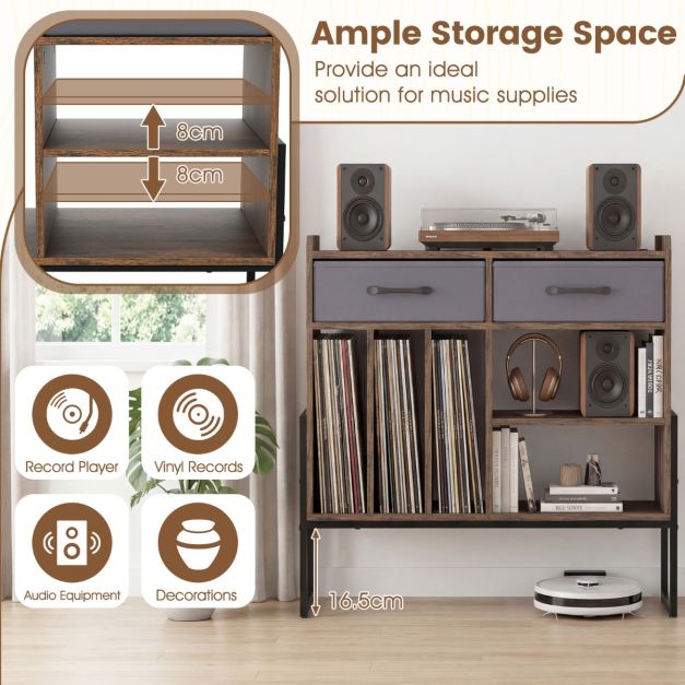 Étagère à disques Coast avec prise électrique, port USB et port Type-C – Table pour platine vinyle avec 3 compartiments à vinyles, 2 tiroirs en tissu et des étagères réglables – 76 × 35,5 × 68,5 cm – Marron