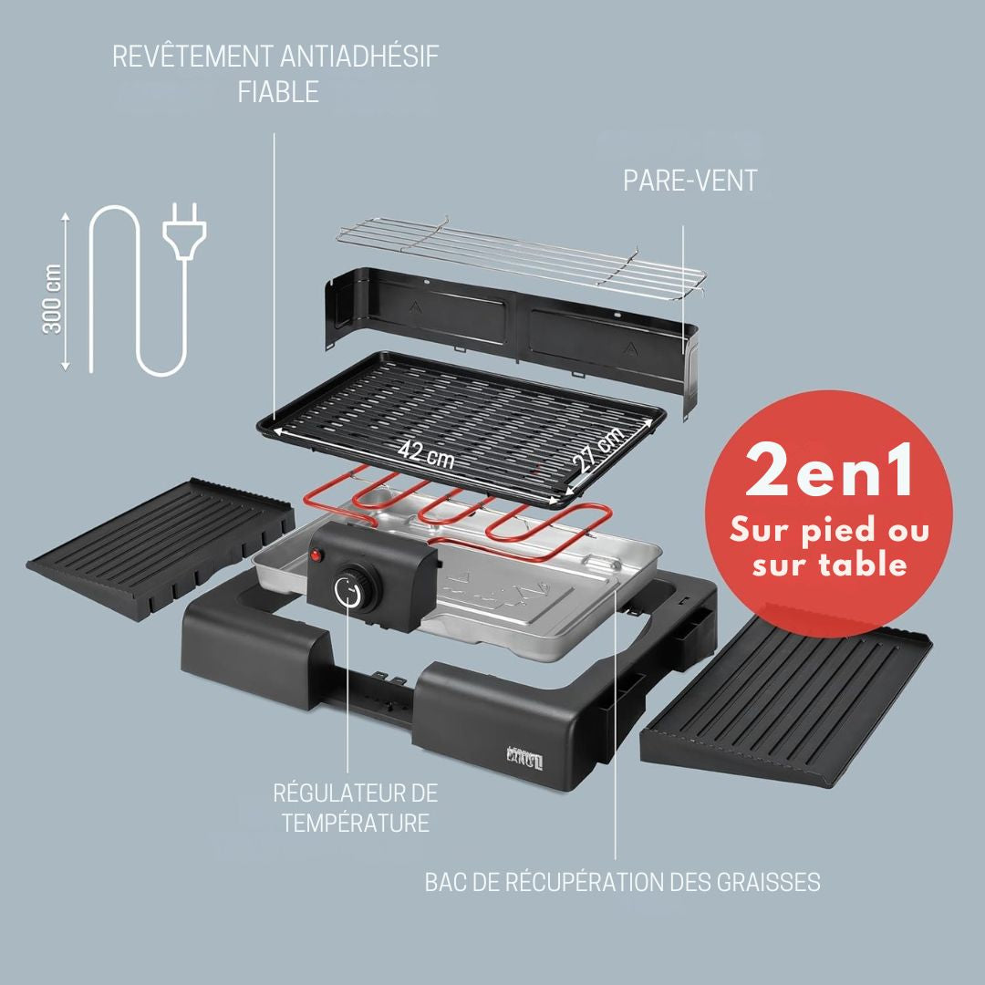 Gril électrique Lebenlang - 2 en 1 - Gril de table et gril sur pied - 2000W - Pour l'intérieur et l'extérieur - Noir