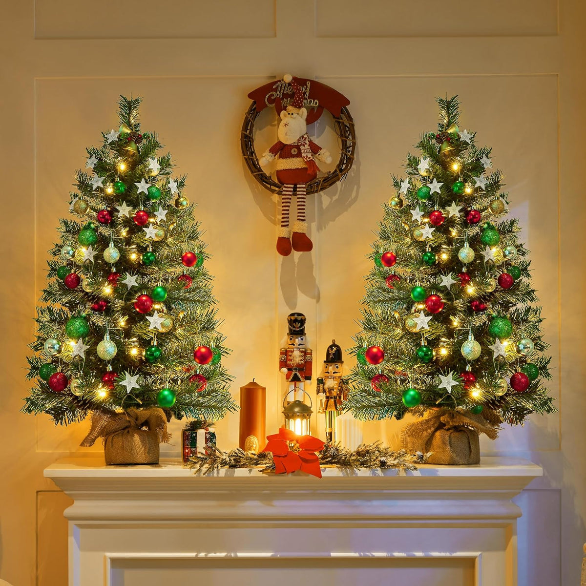 Sapin de Noël artificiel Yaheetech - Lot de 2 - 91,5 cm - 50 LED blanc chaud - Pommes de pin - Vert