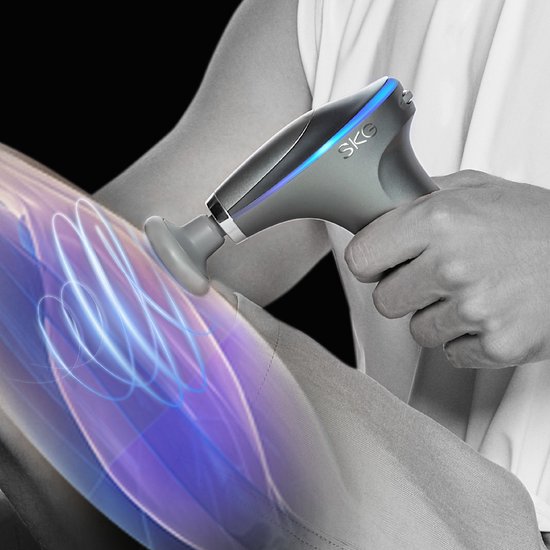 SKG - Pistolet de massage sans fil – 5 vitesses, fonction chauffante et 4 têtes interchangeables - F7-E - Gris