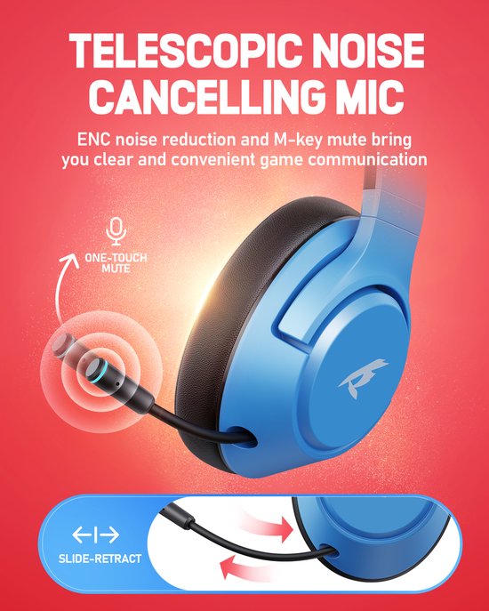 Kofire × CINPUSEN CG-01 - Casque de jeu sans fil - Casque circum-auriculaire - Avec microphone - PC/PS4/PS5/Nintendo Switch - Bleu et rouge