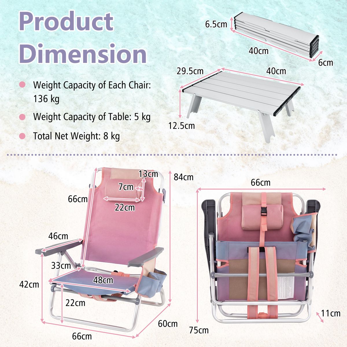 Ensemble de chaises et table de plage Coast - Réglables sur 5 positions - Pliables et légères - rose et violet