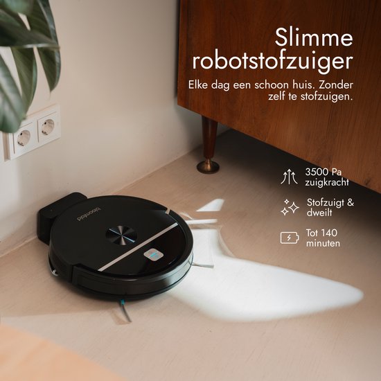 Aspirateur robot Bloomfold Sweep avec fonction de lavage – Aspirateur robot intelligent, 3 500 Pa, 130 min, application et Google Home – Ultra-fin (7,3 cm) – Adapté aux poils d'animaux
