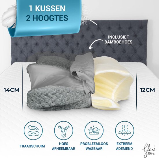 Oreiller orthopédique Glückstoff pour les douleurs cervicales, en mousse à mémoire de forme - Hypoallergénique, oreiller ergonomique, pour les douleurs cervicales et dorsales, adapté à toutes les positions de sommeil, livré avec un sac en jute