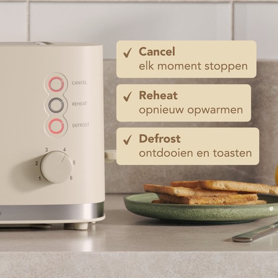 Grille pain - KitchenBrothers - Toaster - 6 niveaux de chaleur - 2 fentes extra-larges - 870W - Beige