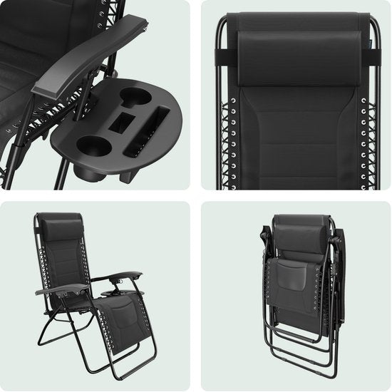 LifeGoods Lounger Comfort - pliable - réglable de 30° à 90° - support pour gobelets et téléphone - chaise de jardin - noir