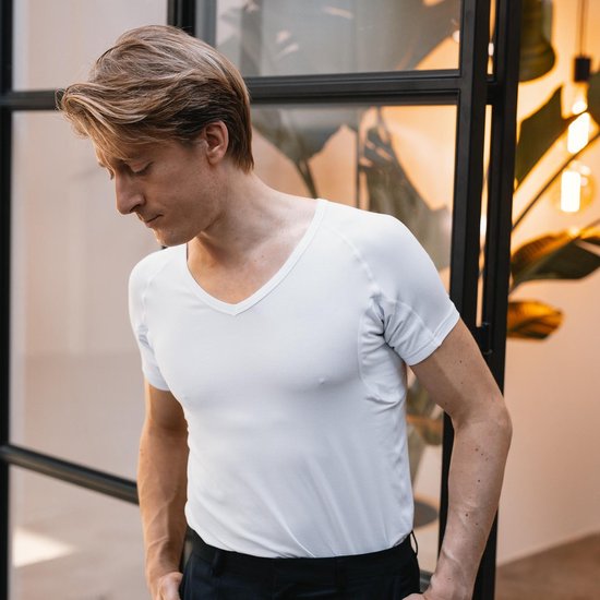 Anti Sweat Shirt - Fibershirts® - Coussinets d'aisselles cousus - Maillot de corps - Blanc - Col en V - Hommes - Taille S