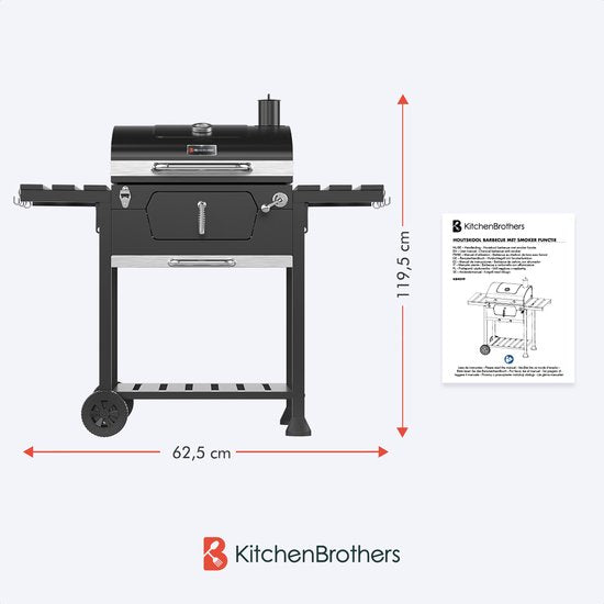 Barbecue charbon - KitchenBrothers - Gril et fumoir 2-en-1  - Surface de cuisson 42x57cm