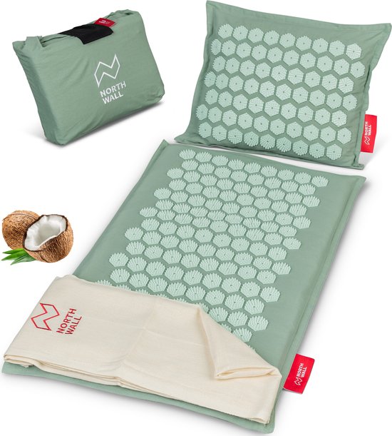 Tapis d'ongles Northwall avec oreiller et sac de transport - Lit pour les ongles - Acupuncture - Méditation - Massage Shakti - Vert