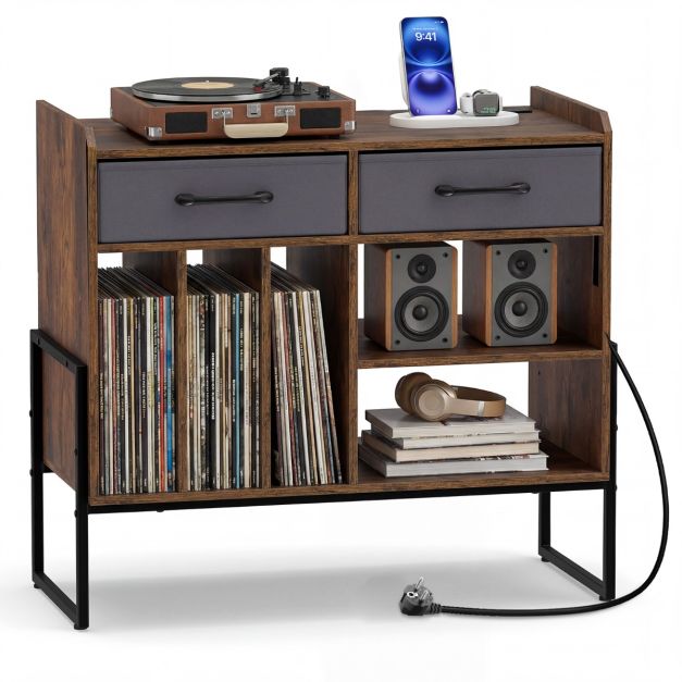 Étagère à disques Coast avec prise électrique, port USB et port Type-C – Table pour platine vinyle avec 3 compartiments à vinyles, 2 tiroirs en tissu et des étagères réglables – 76 × 35,5 × 68,5 cm – Marron